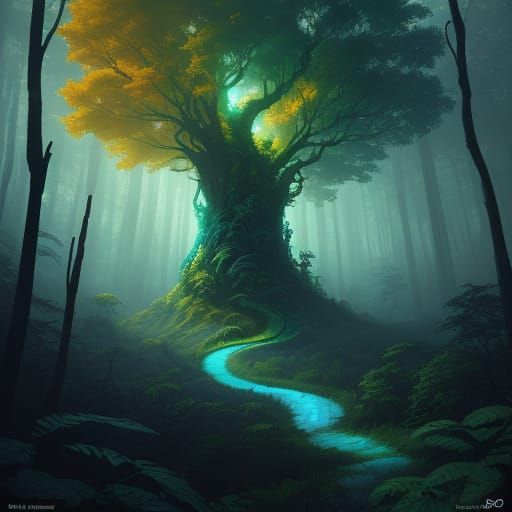 Ethereal Snake Entwines Mystical Tree in Vibrant Fantasy Rea...