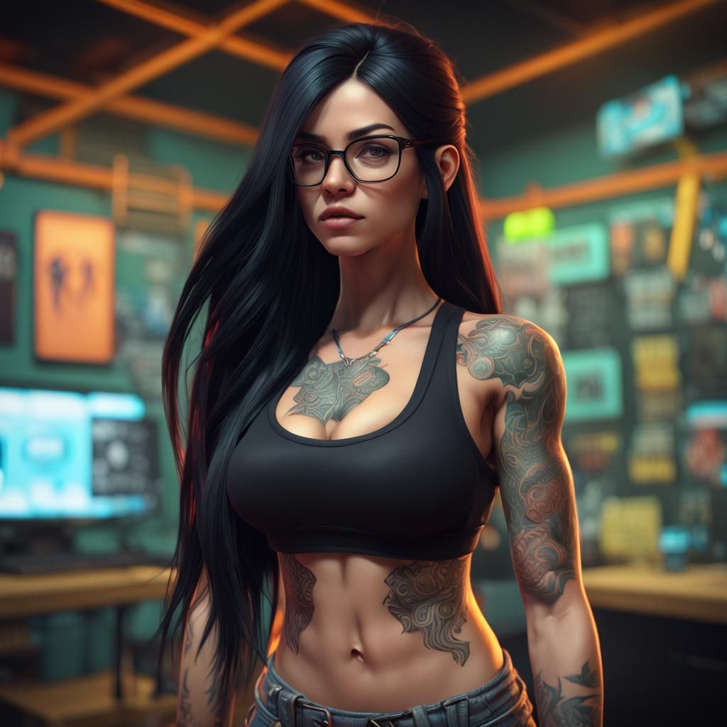 Tattooed Girl with Neon Background in 3D Render