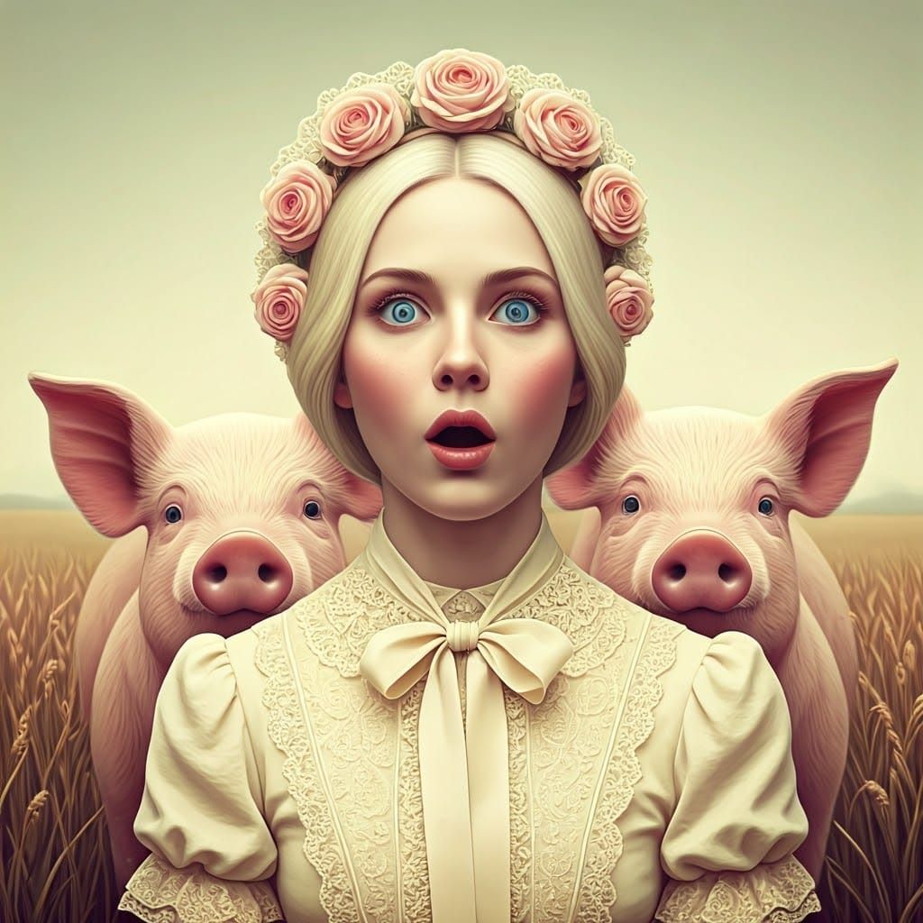 Woman with Vintage Flowers and Unsettling Pigs in Ethereal L...