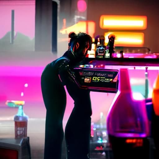 Cyberpunk Bartender in Neon Cityscape