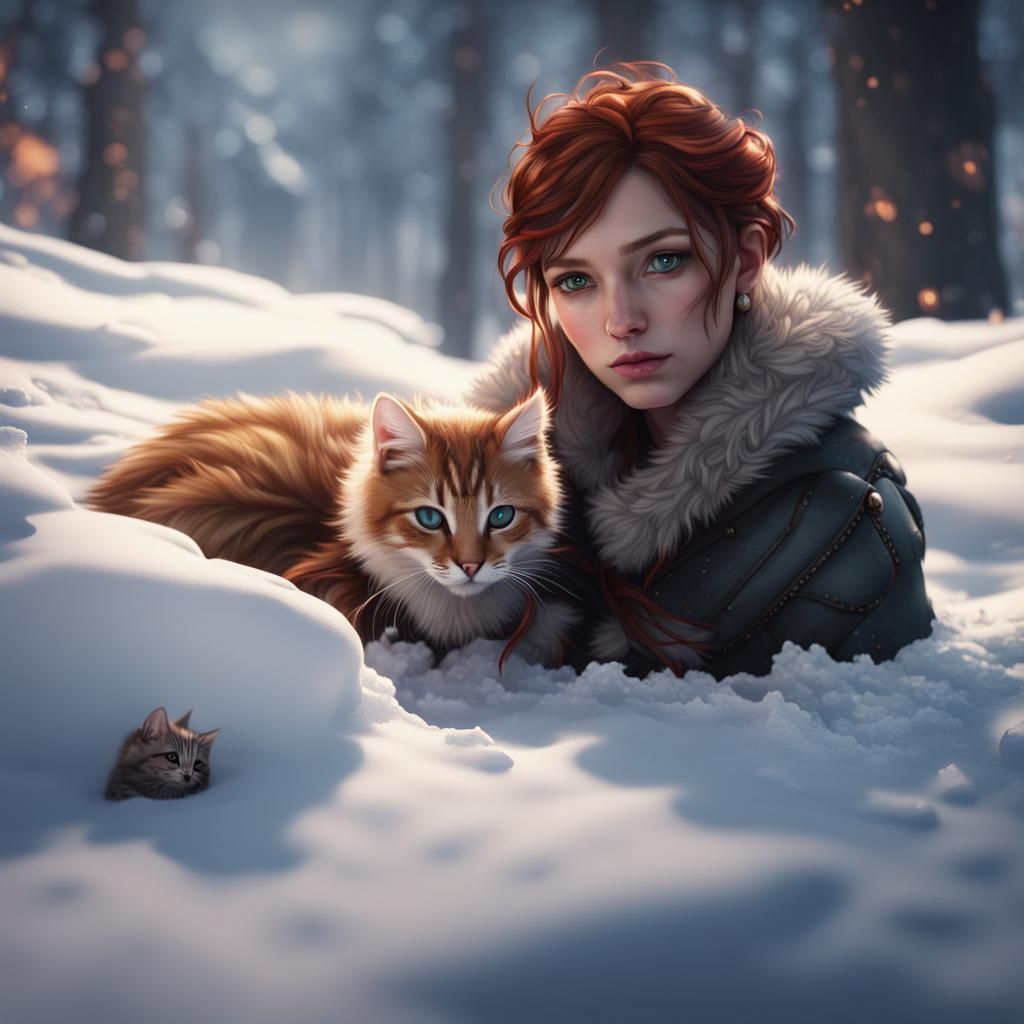 Person and Kitten Resting in Snowy Landscape