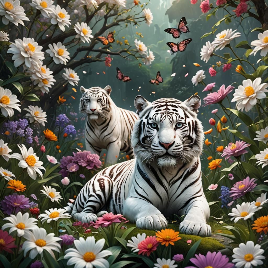 White Tiger with Cubs in Floral Fantasy Art