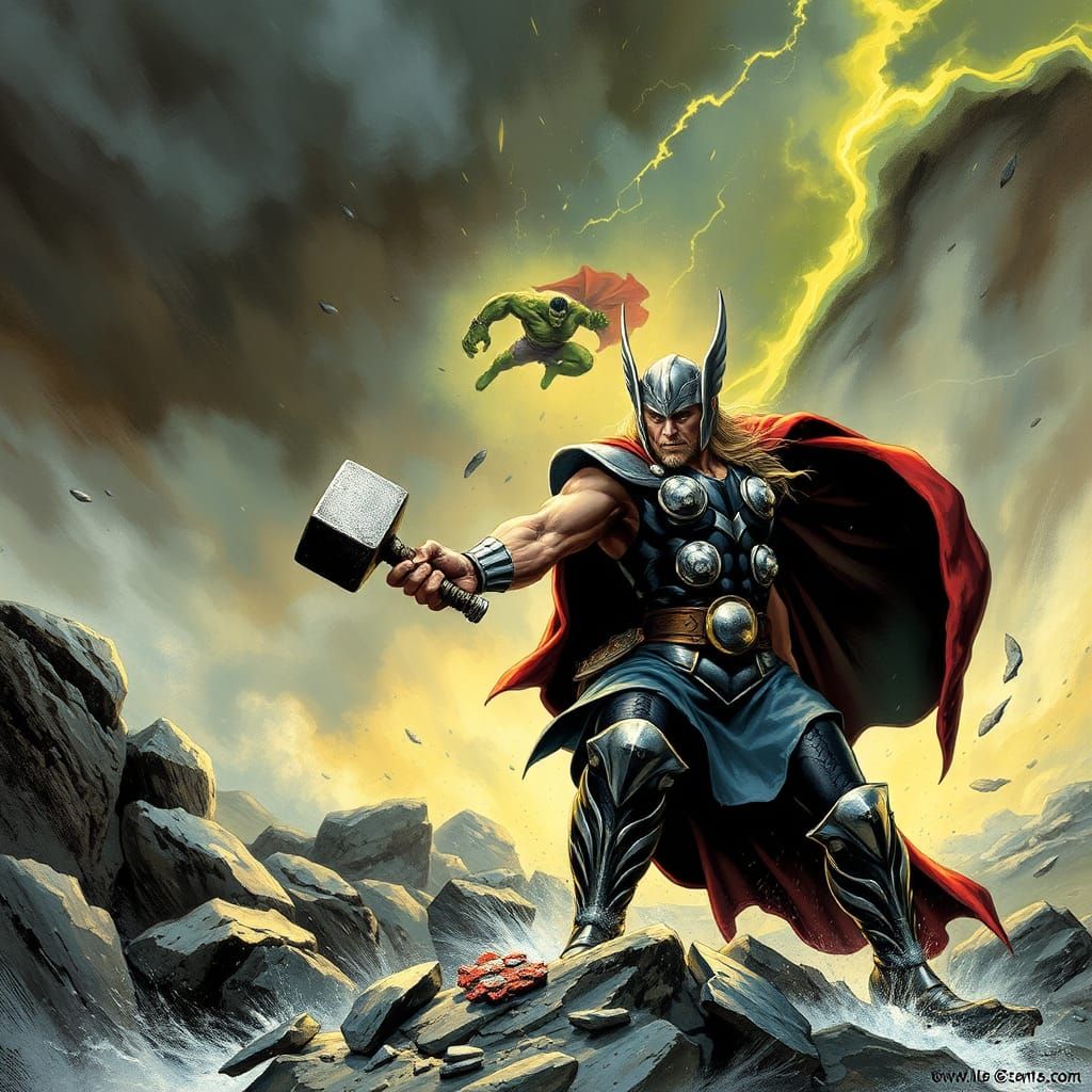 Thor vs Hulk Battle in Asgard, Comic Book Art
