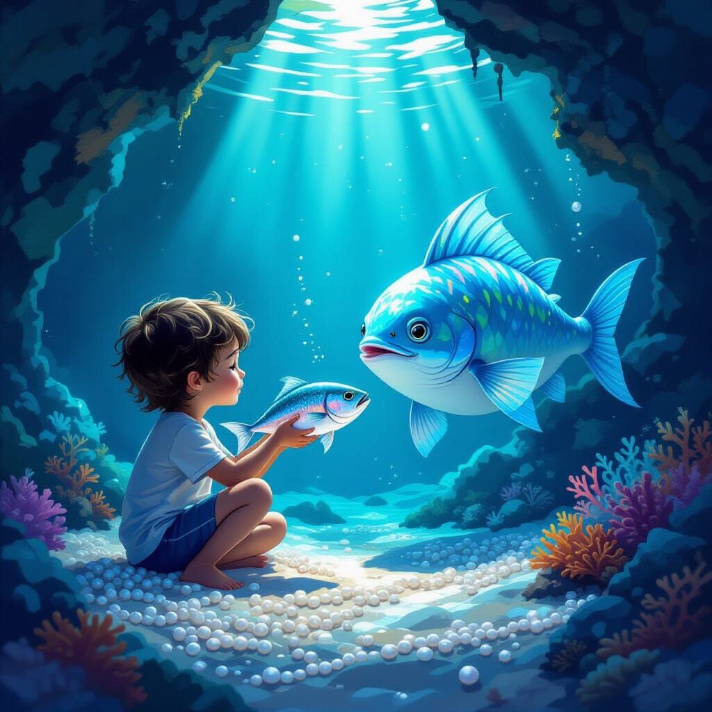 Child Shares Fish With Ancient Sea Creature in Dreamlike Gro...