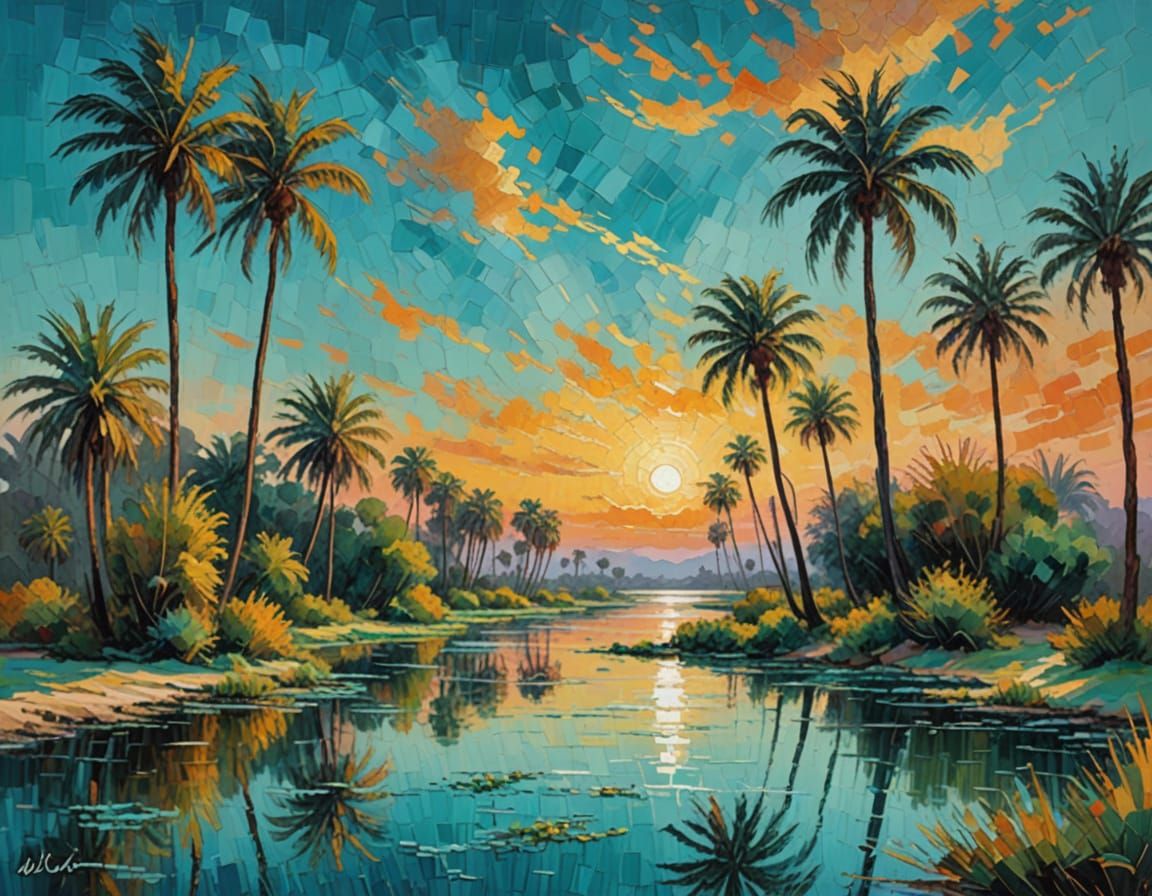 Peaceful Desert Oasis at Dawn in Neo-Impressionist Style