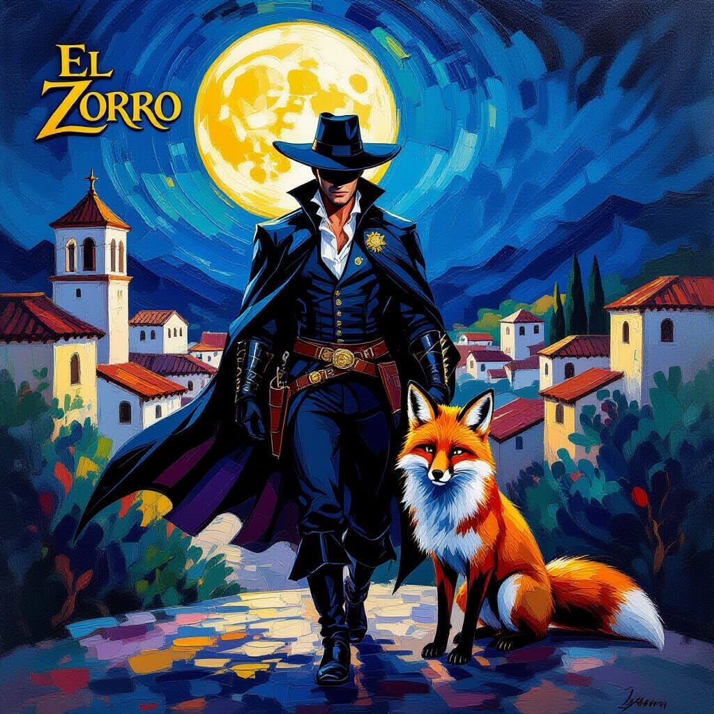 El Zorro Movie Poster: Hero and Fox in Neo-Impressionist Sty...
