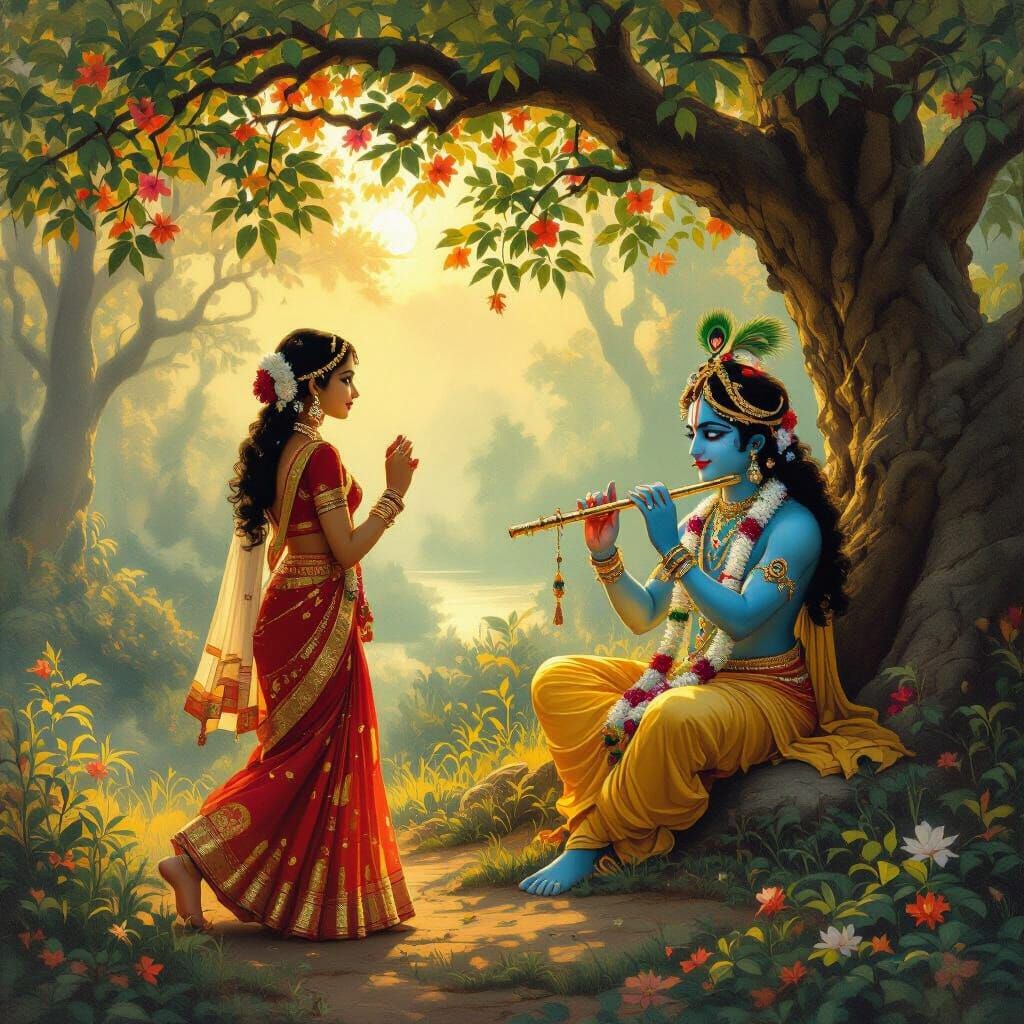 Krishna and Girl in Forest, Classical Indian Style