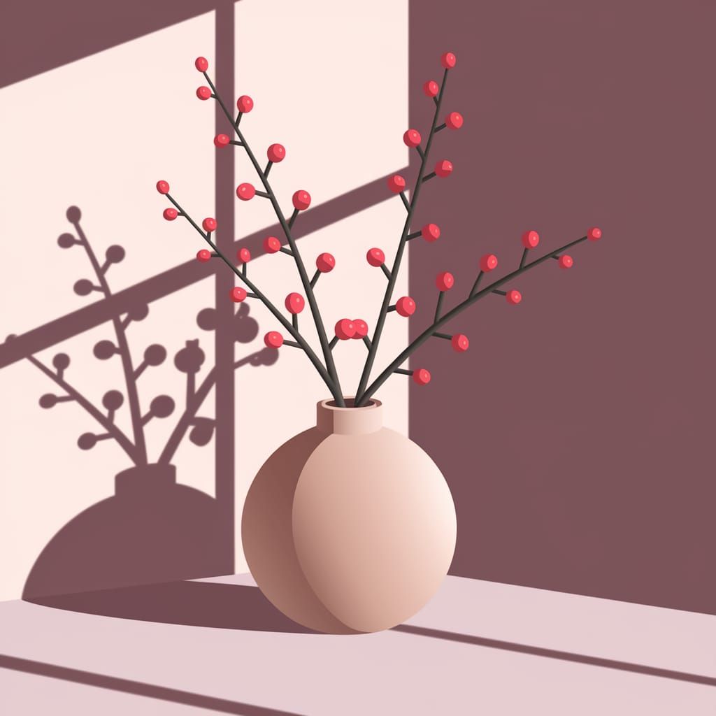 Minimalistic Still Life with Light Vase and Red Berries