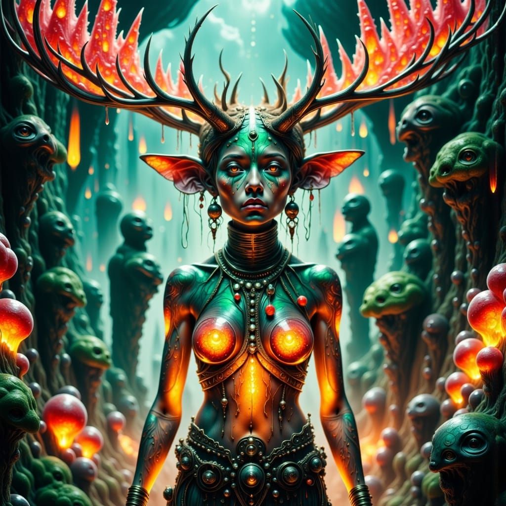 Vibrant Empress Elf Warlord Above Desolate Cityscape