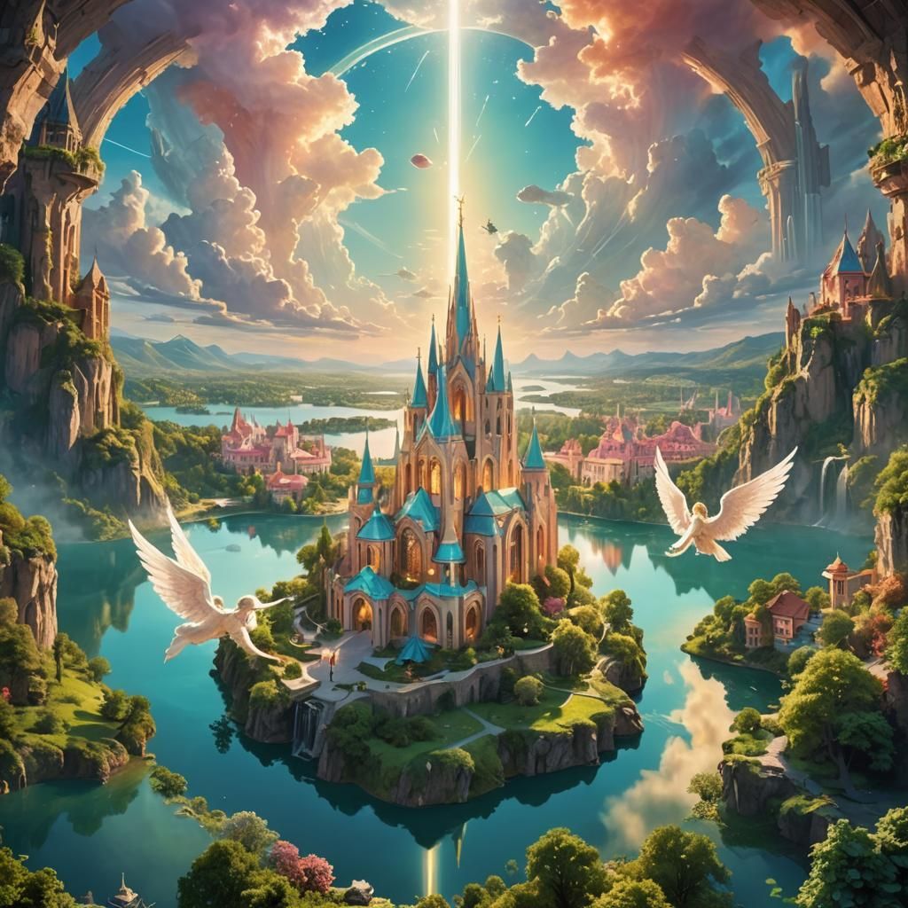 Heavenly Landscape with Angels in Matte Painting Style