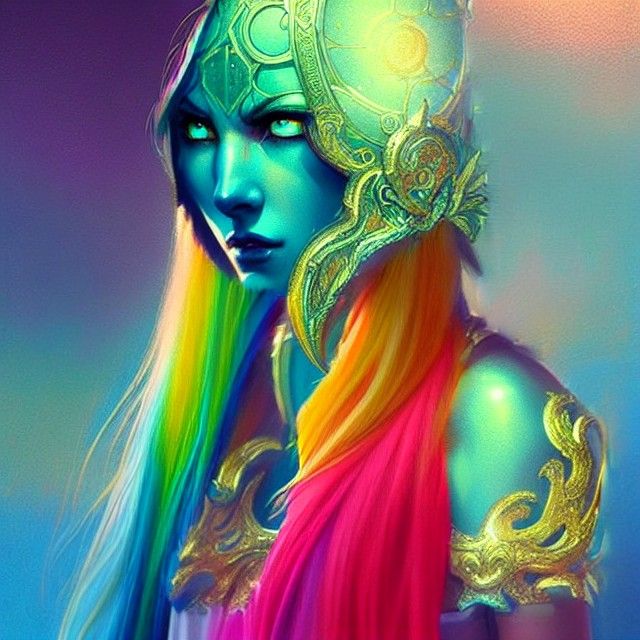 Goddess in Gold and Blue Armor, Digital Illustration