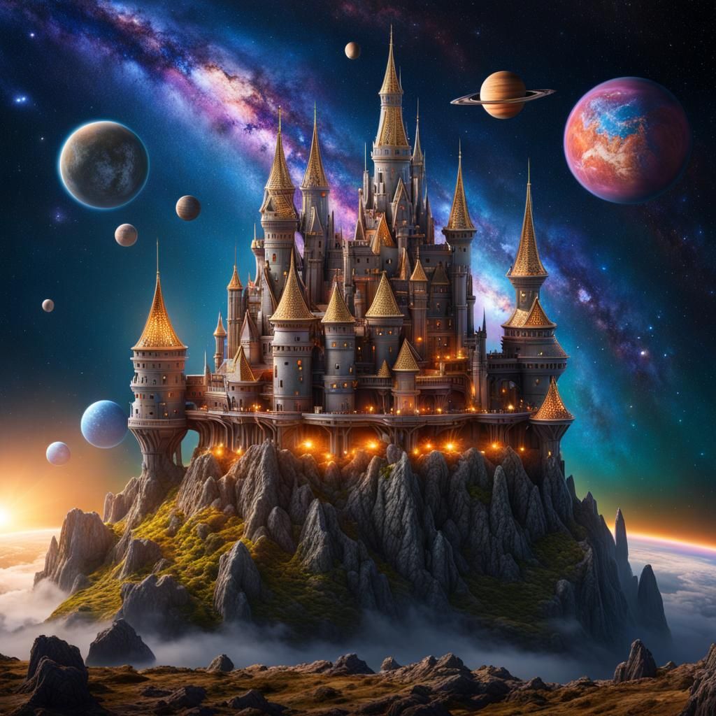Metallic Medieval Castle Orbiting in Space
