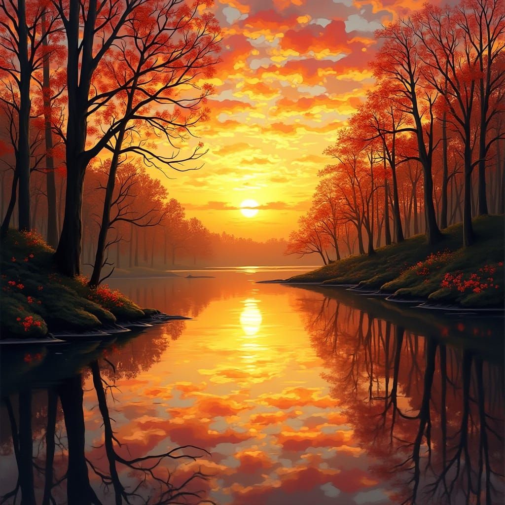 Stained-Glass Sunset Reflection on a Lake