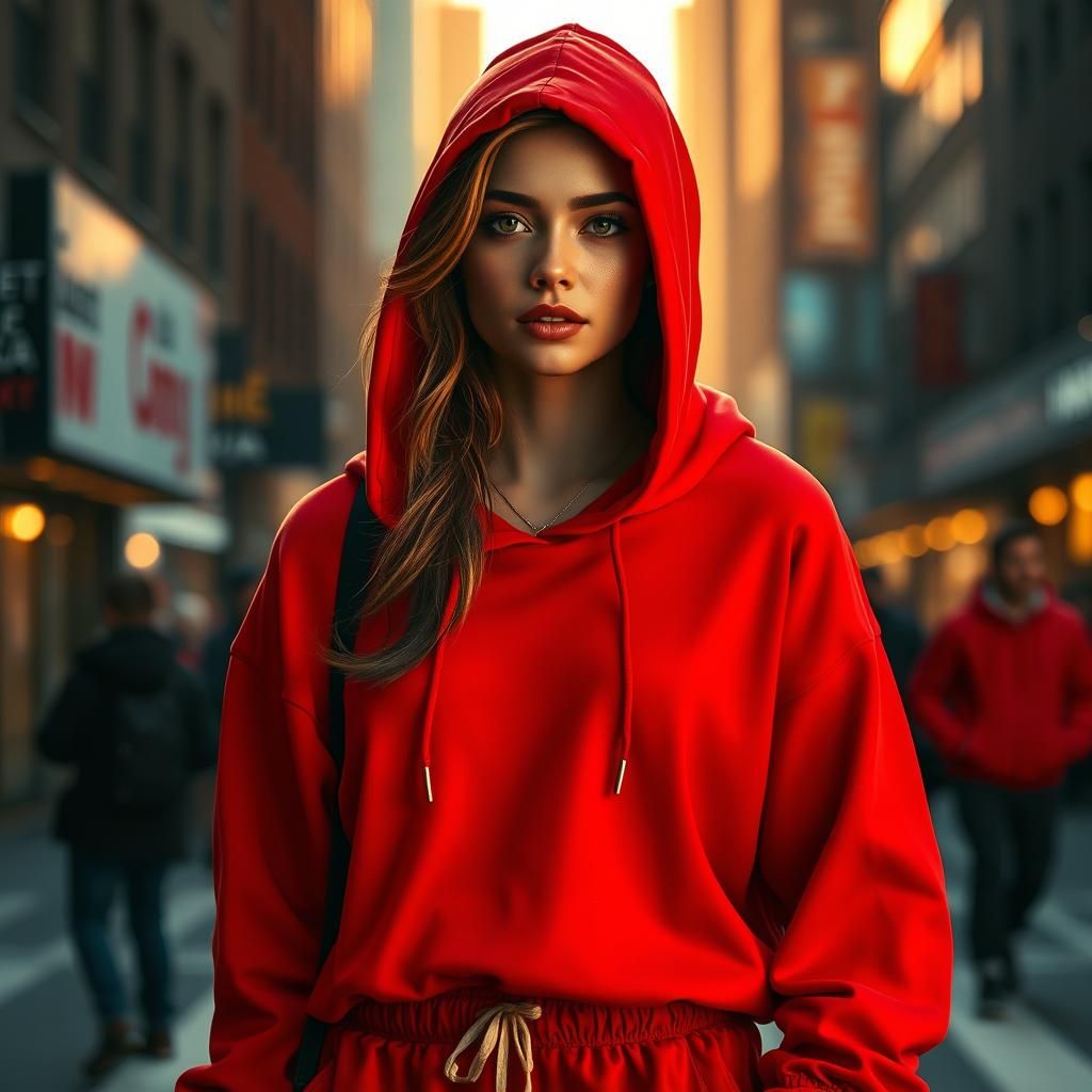 Red Hoodie Model in New York, Hyperrealistic Style