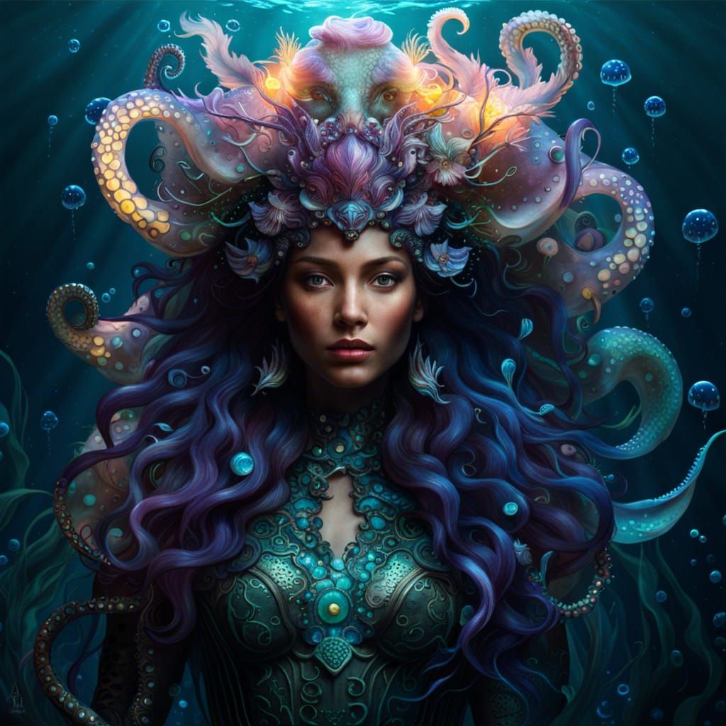 Mermaid-Medusa-Octopus in a Bioluminescent Jellyfish Swarm