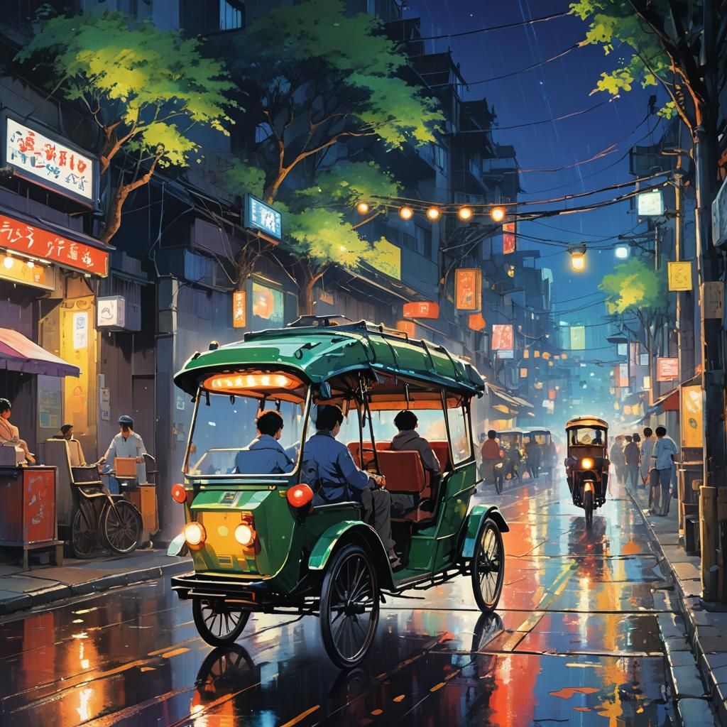 Rickshaw in Anime Style with Aurora Lighting