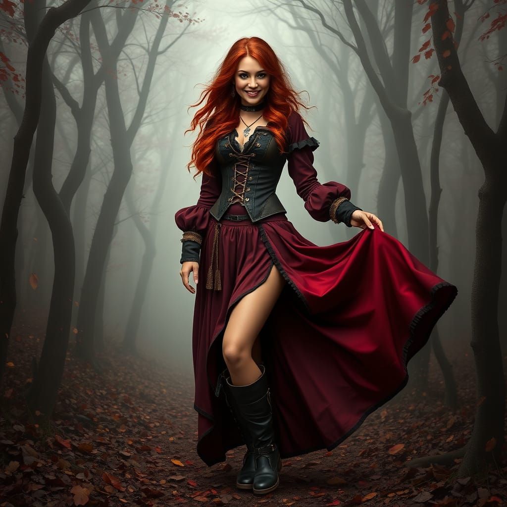 Steampunk Goddess in Red and Black Attire Amidst a Foggy For...