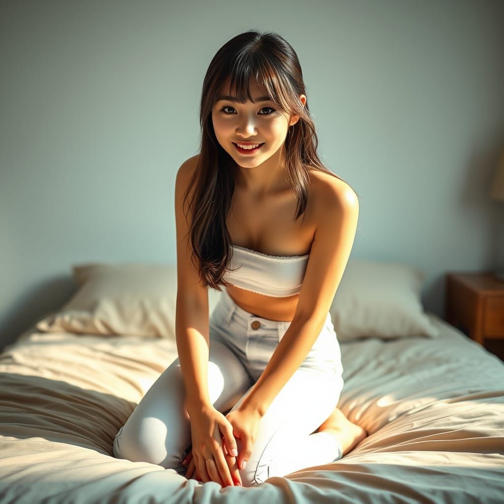 Hyperrealistic Portrait of a Japanese Woman on Bed