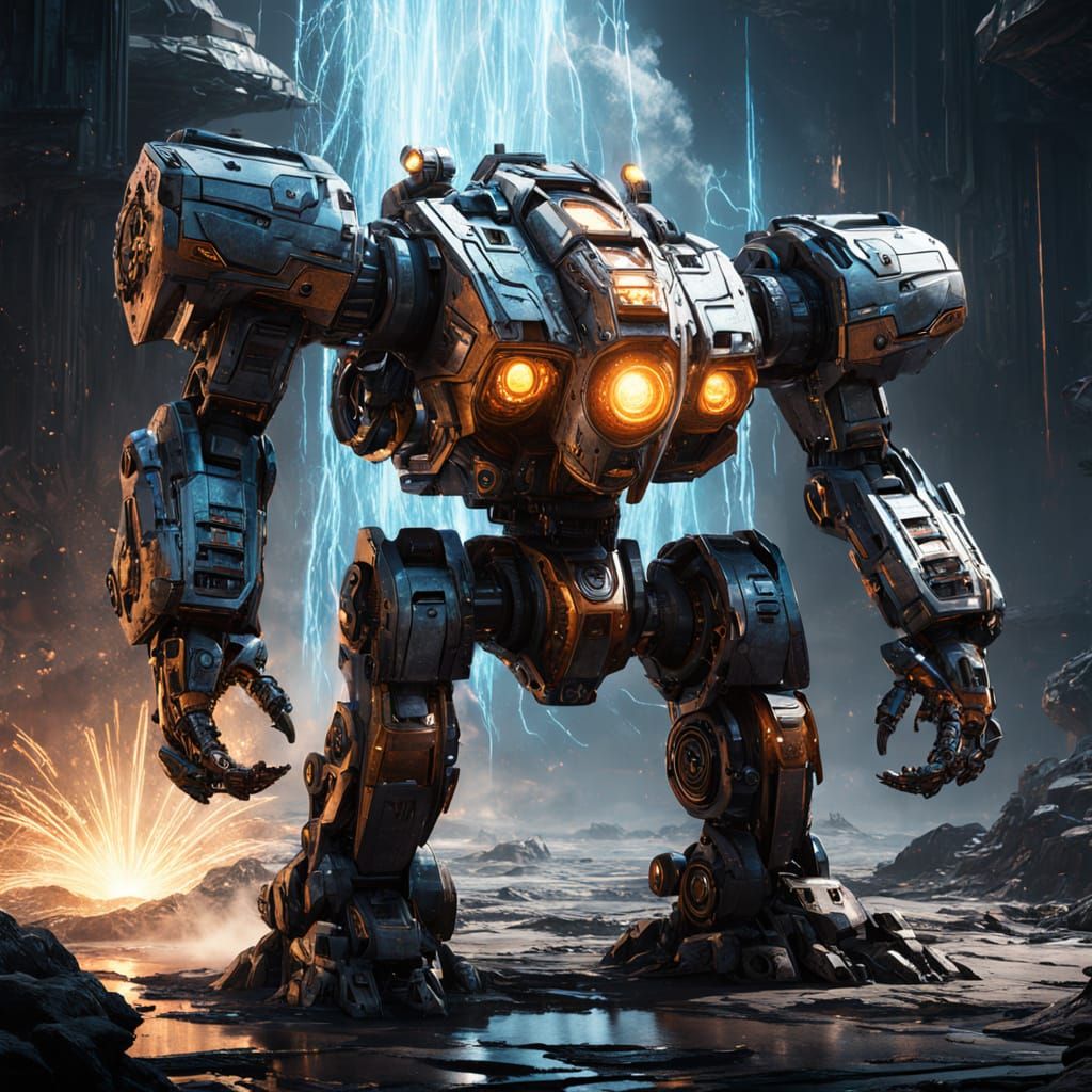 Epic Sci-Fi Mech Amidst Swirling Elemental Forces in a Futur...