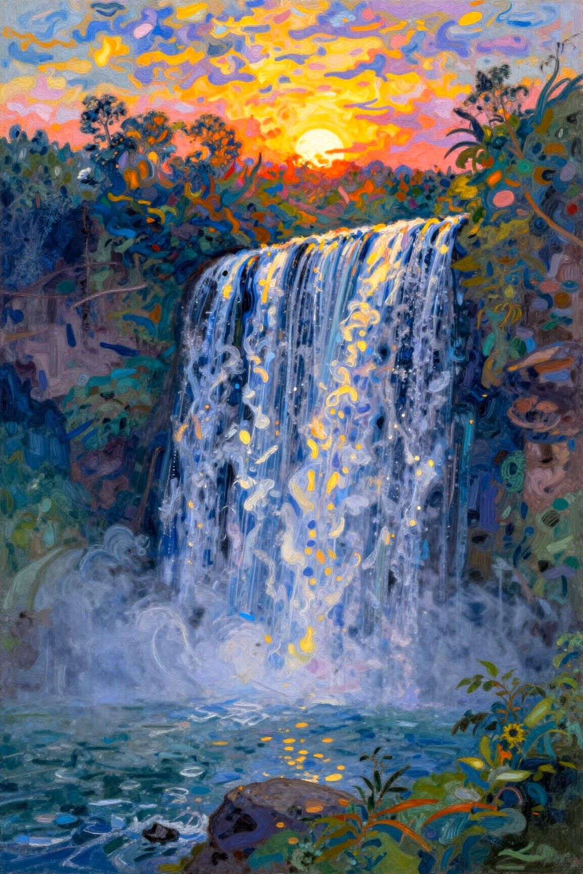 Pointillist Sunset Waterfall with Musical Glow