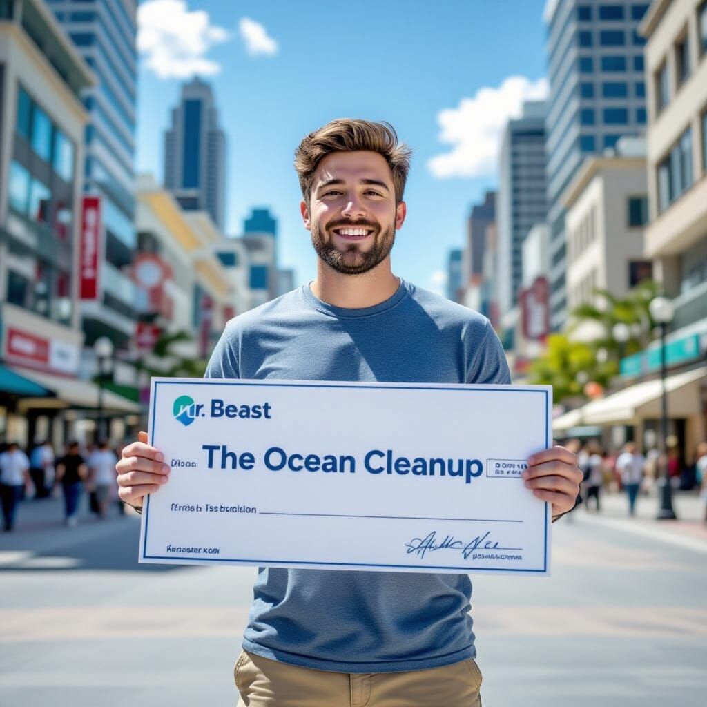 MrBeast Holds Giant Check for Ocean Cleanup in Hyperrealisti...