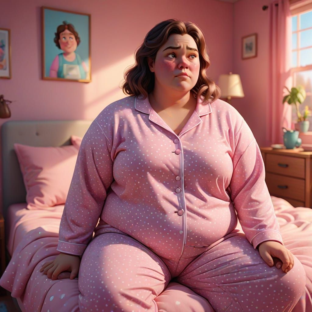 Plus-Sized Woman in Pink Pajamas: Pixar-Style Concept Art