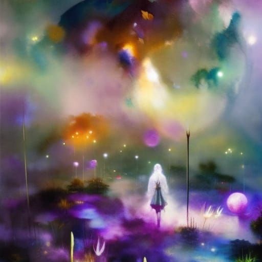 Cosmic Moonlight Flower Garden in Mixed Media