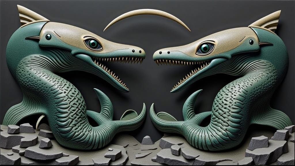 Megalodon Mermaid Statues with Phoenician Tattoos