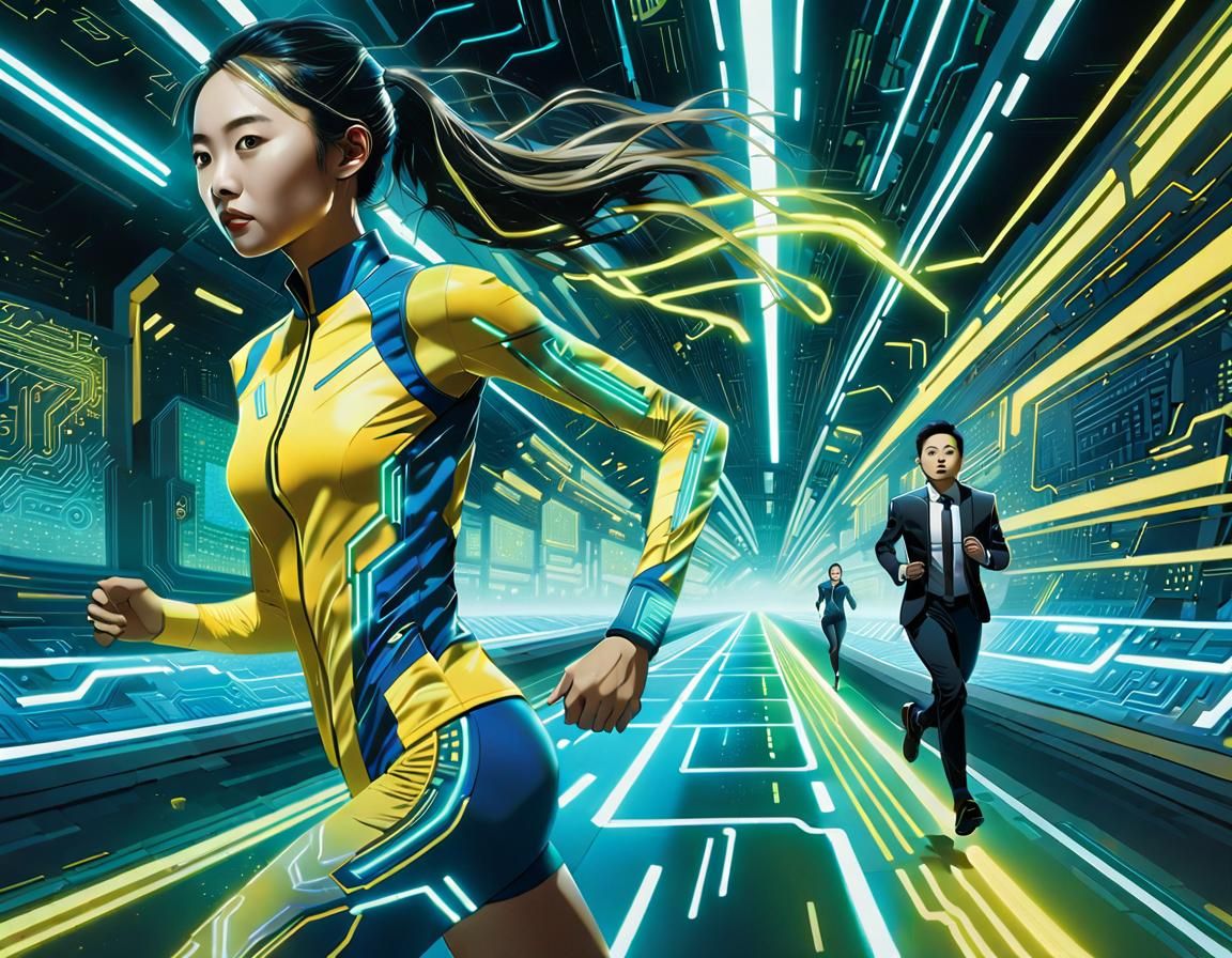 Futuristic Chase Scene on Circuit Board in Comic Art Style