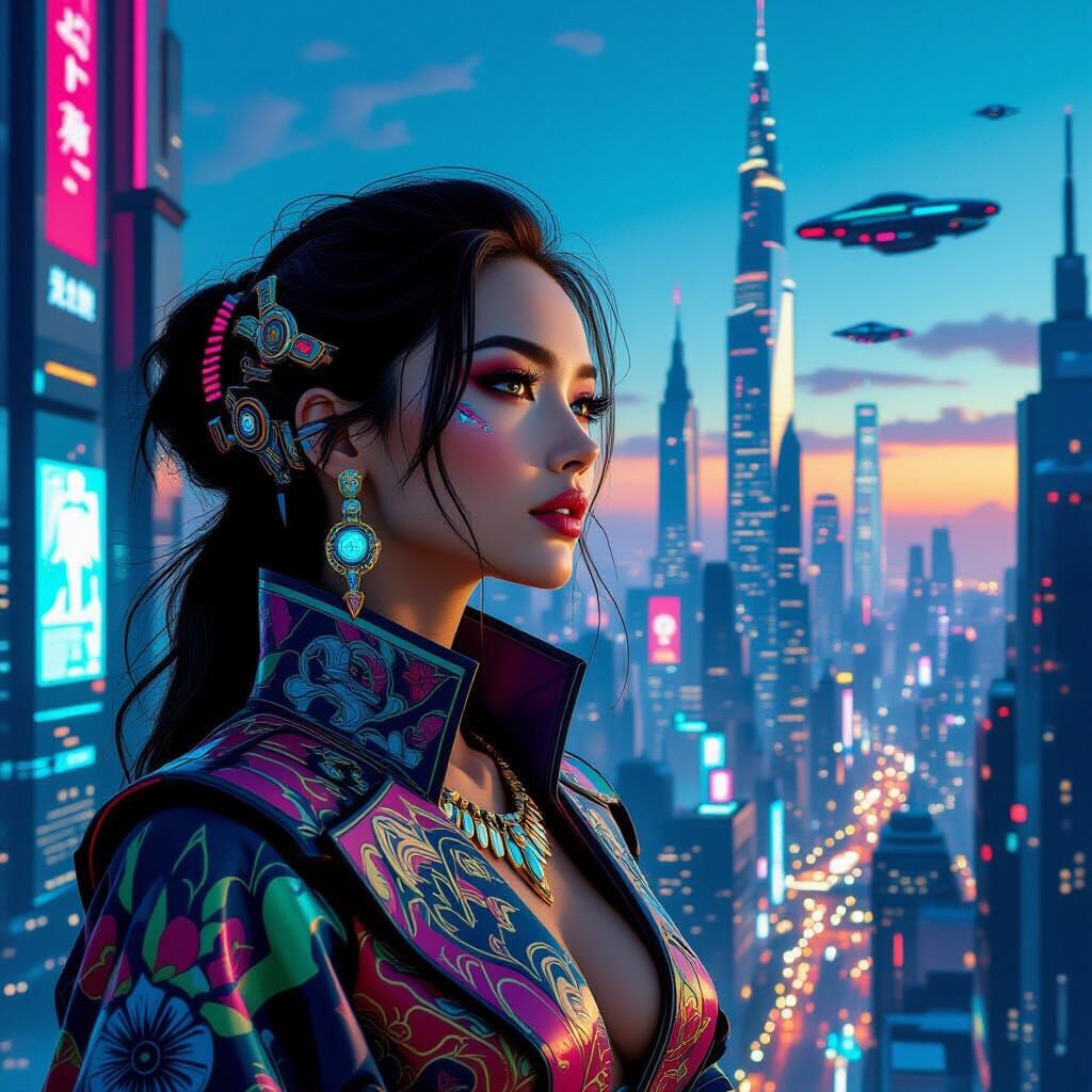Cyberpunk Woman Reflects Futuristic Cityscape