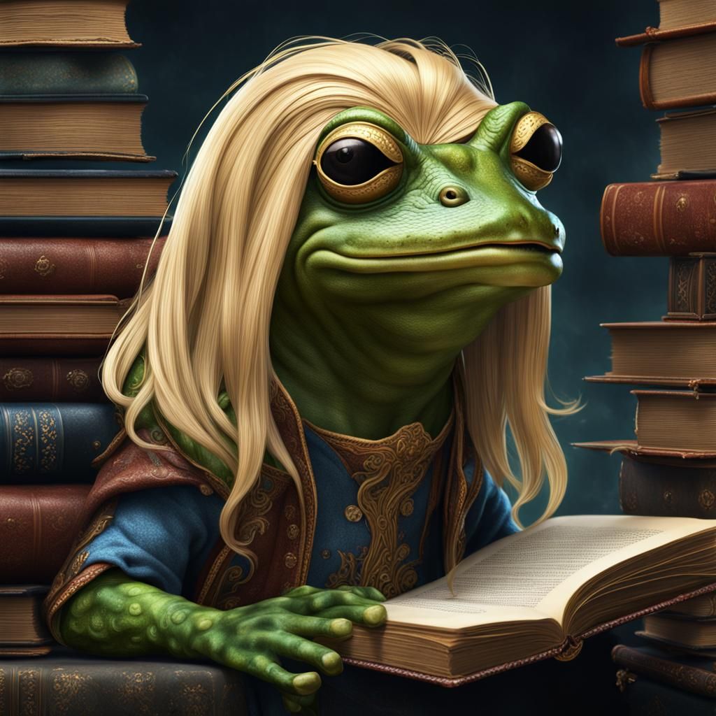 Hyper realistic book frog wearing a wig of long blonde hair