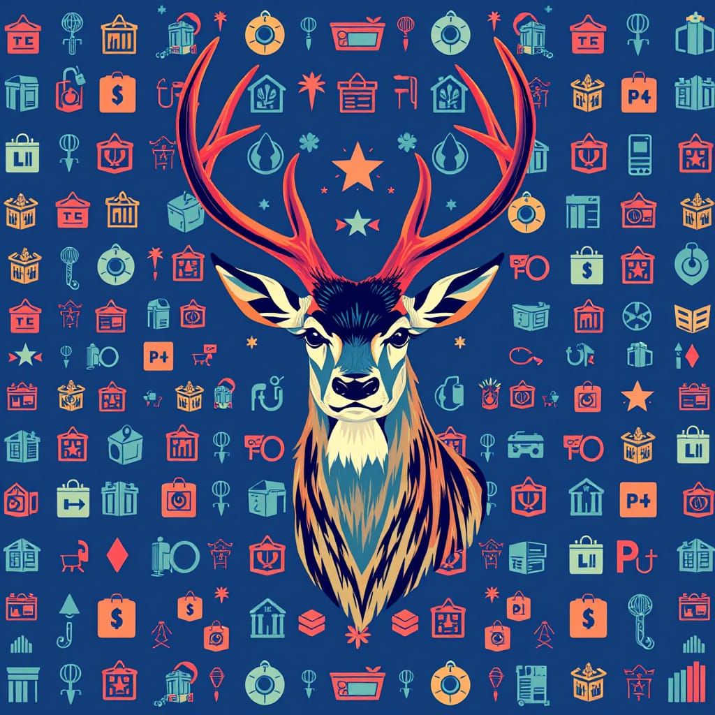 Mystical Deer with Consumerist Icons in Pop Art Style