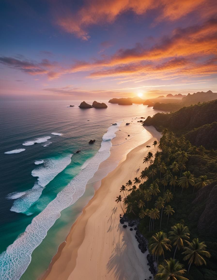 Tranquil Beach Sunset from Drone View