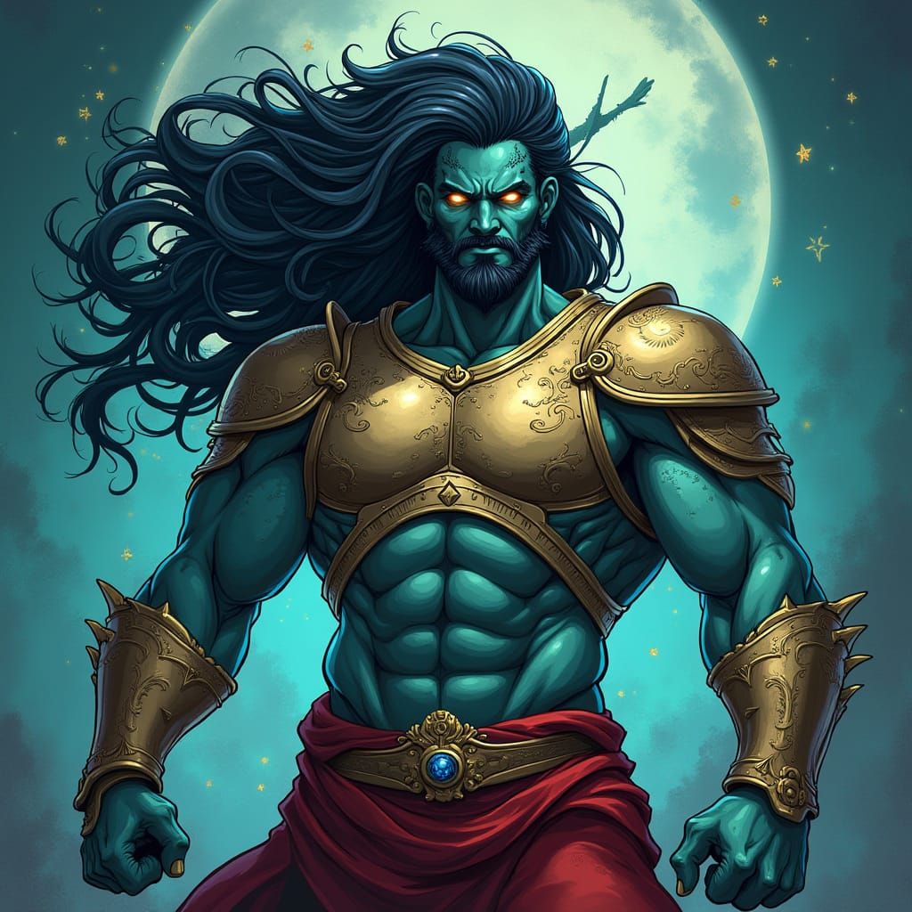 Epic Triton in Radiant Blue-Green Skin, Bronze Armor, and Cr...