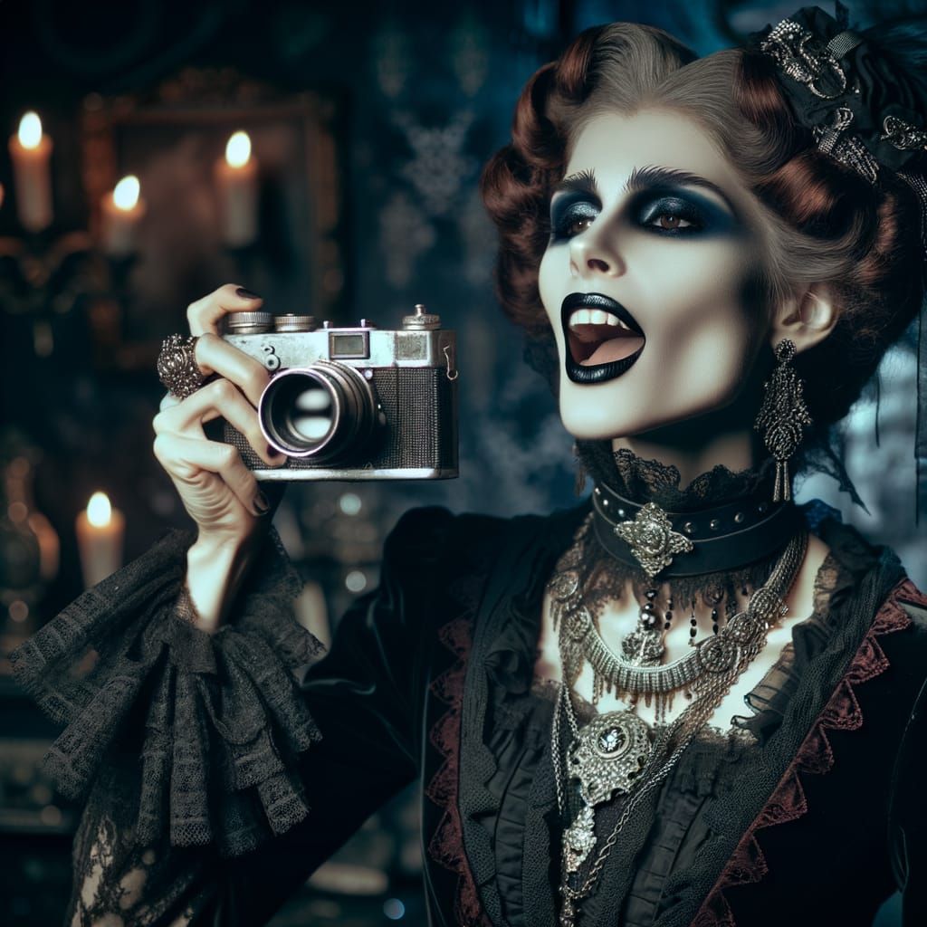 Gothic Woman Photographer in Dark Victorian Punk Style