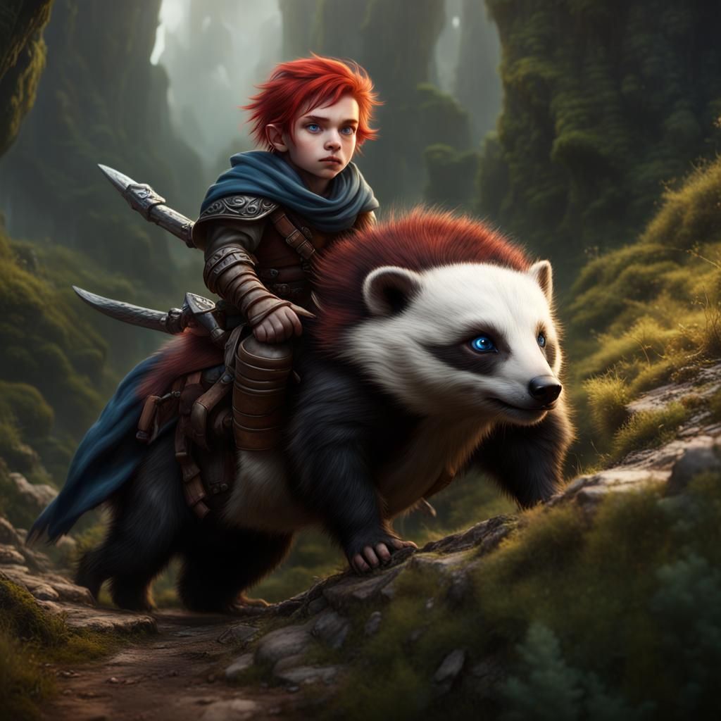 Halfling Ranger Rides Giant Badger: Fantasy Art