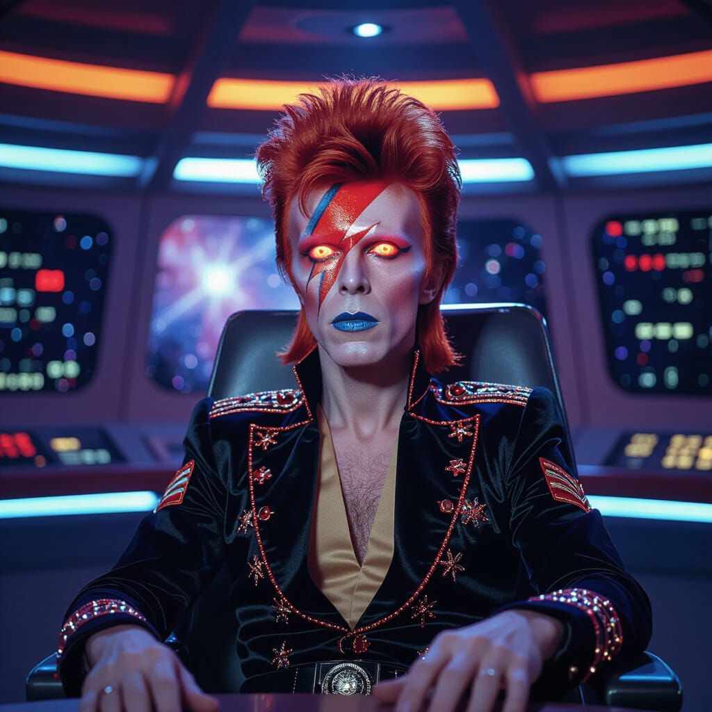 Ziggy Stardust in Starship Enterprise Captain's Chair