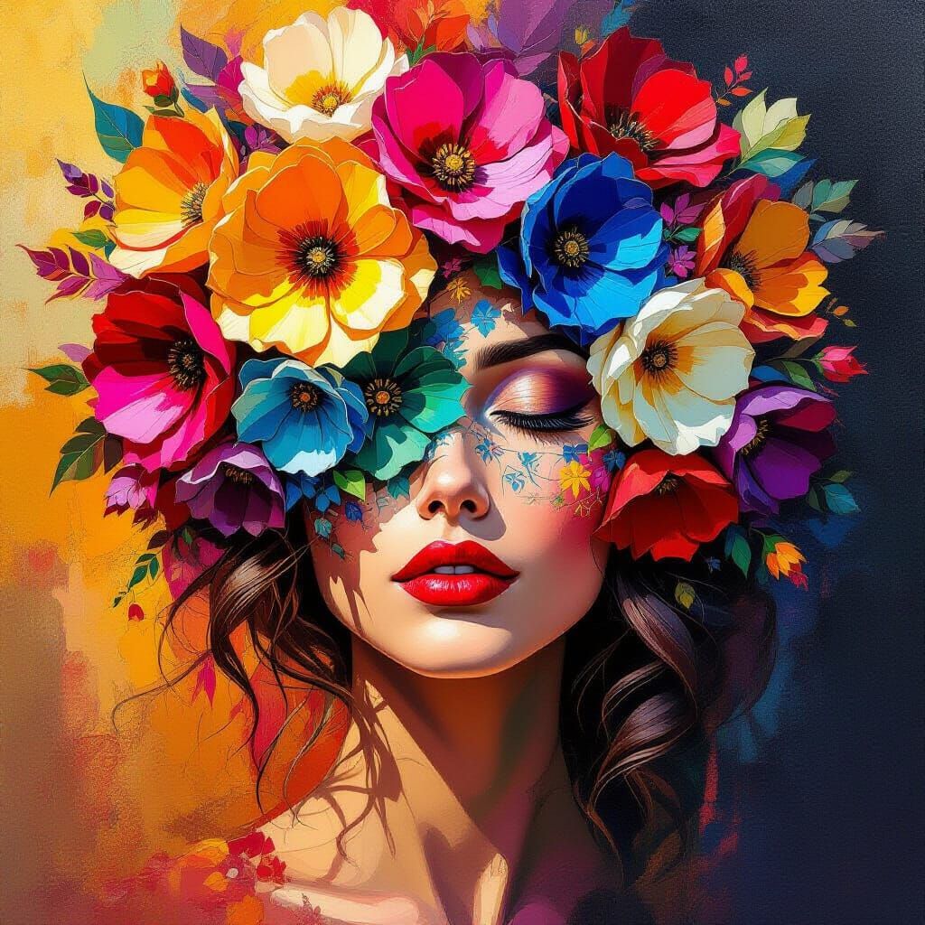 Woman's Face Hidden by Flowers in Oil Painting Style