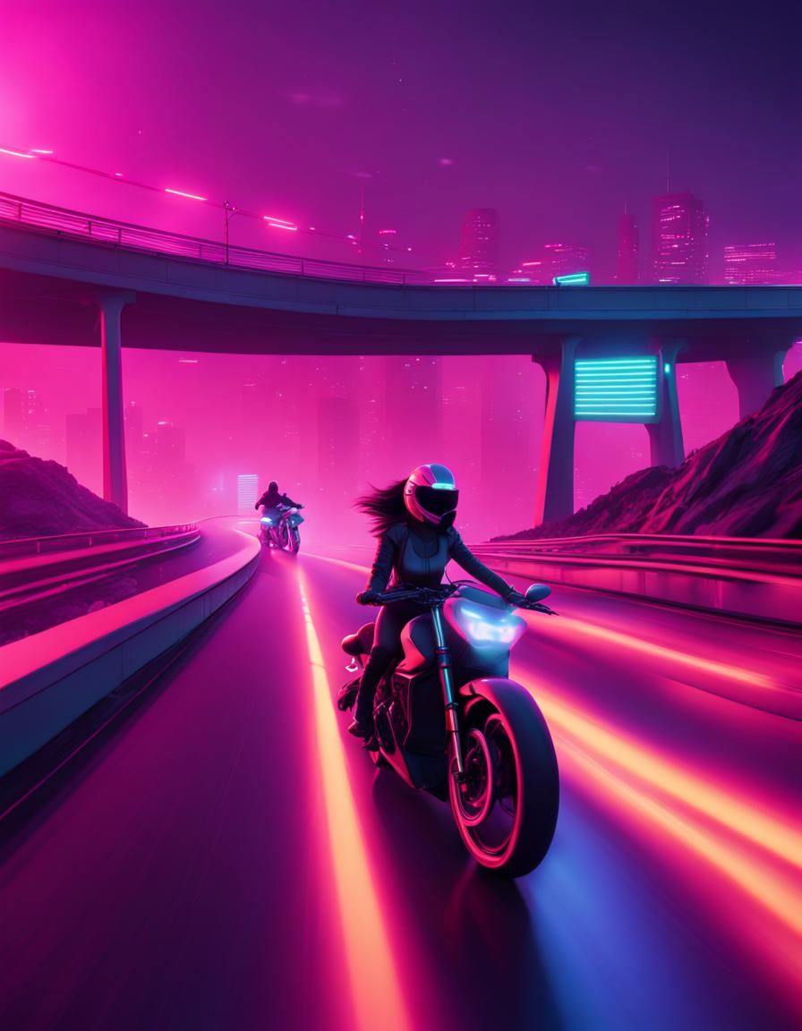 Motorcycle Girls Racing at Night in Vaporwave Style