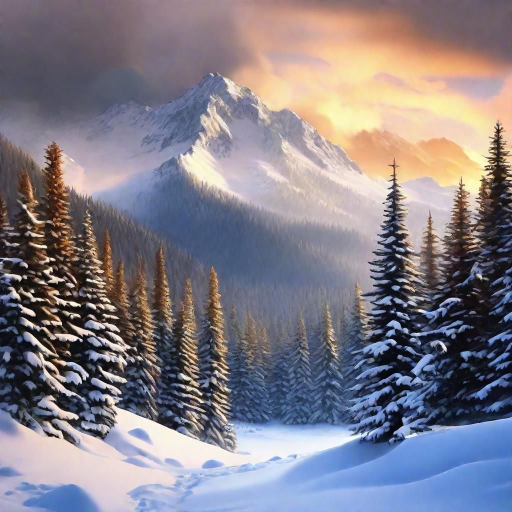 Snowy Mountains at Sunset in Digital Painting Style