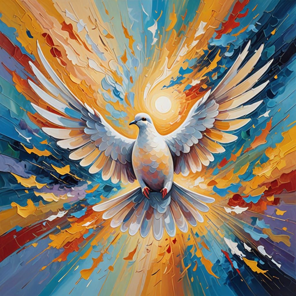 Peaceful Dove in Vibrant Abstract Sky Oil Painting