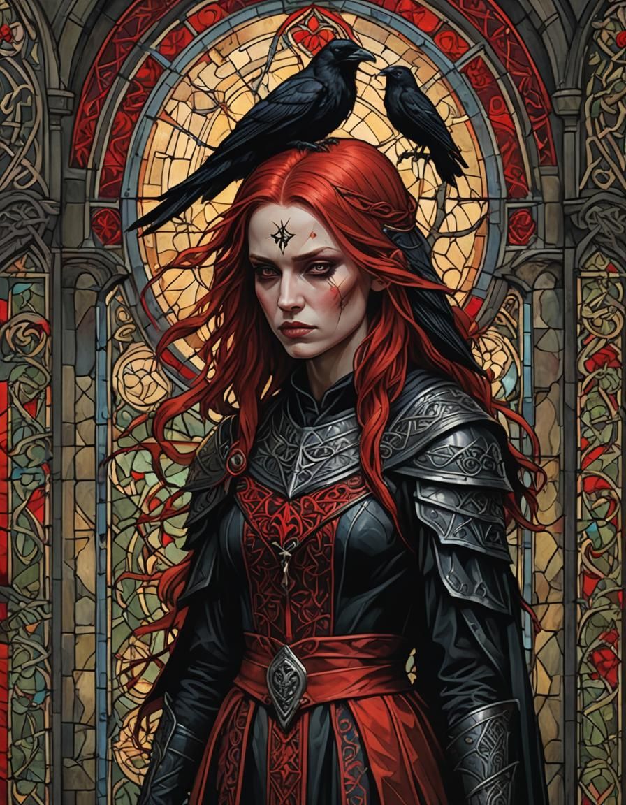 Gothic Celtic Woman with Ravens in Stained Glass