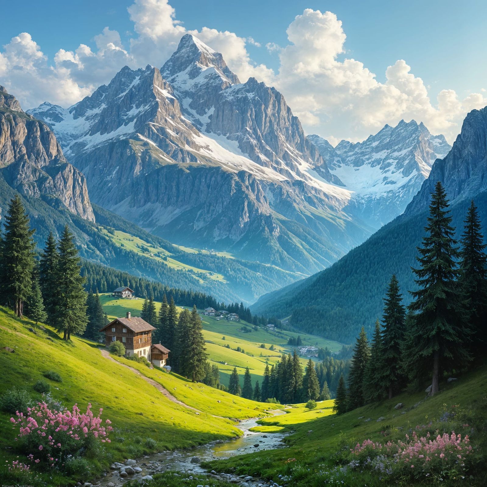 Epic Classical Swiss Alps Summer Landscape Painting