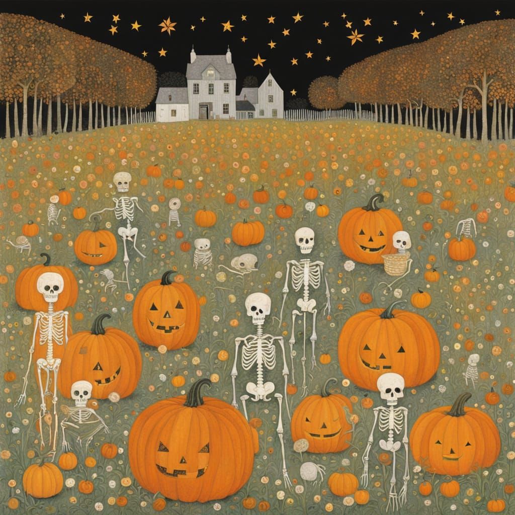 Skeletons Among Pumpkins in a Golden, Ornate Style