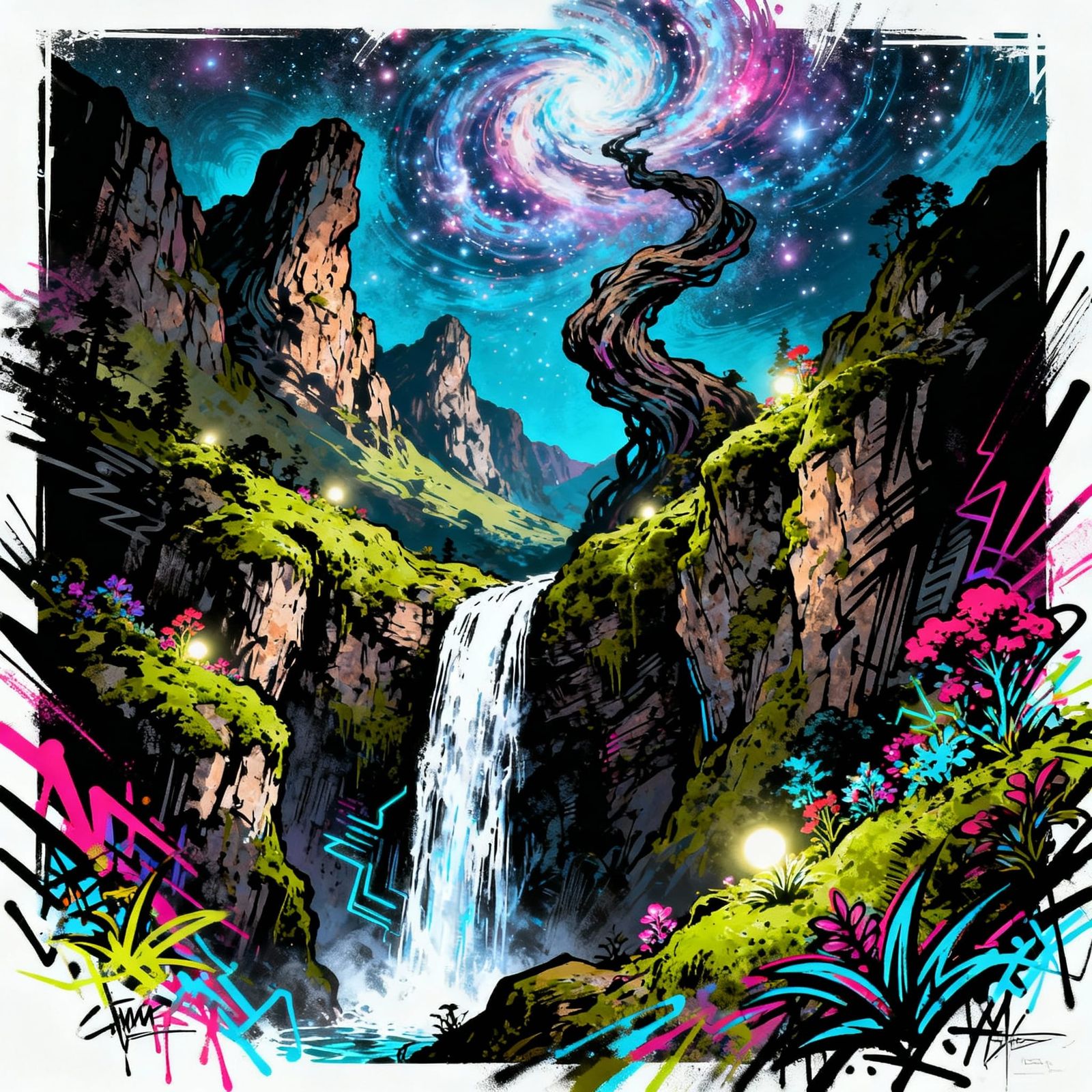 Majestic Waterfall in Hidden Valley with Nebulae Sky