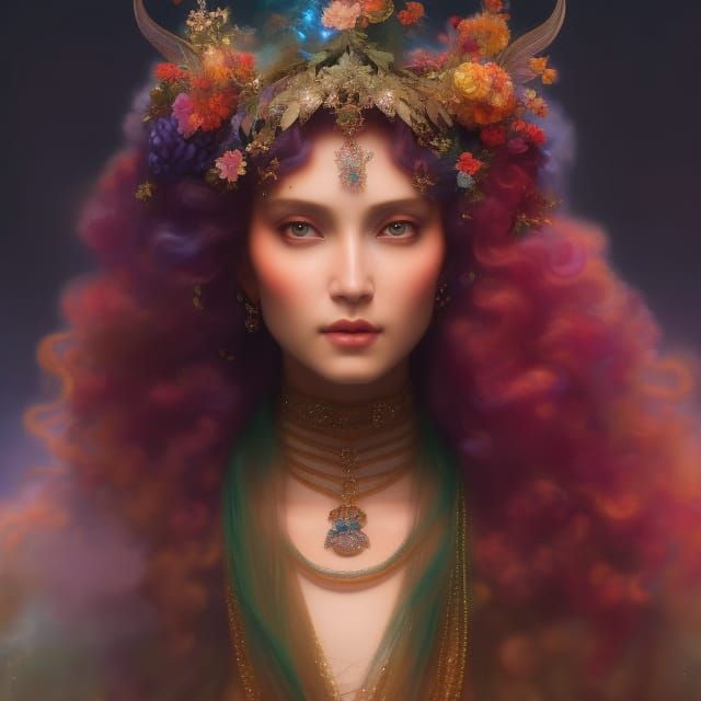 Neon Rainbow Queen Portrait in Digital Painting Style