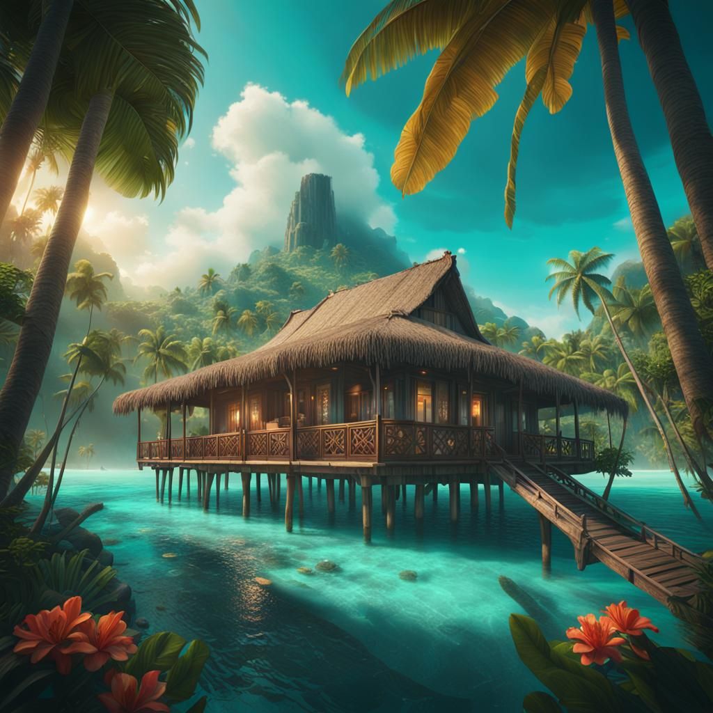 Tropical Bungalow in a Maximalist Digital Painting