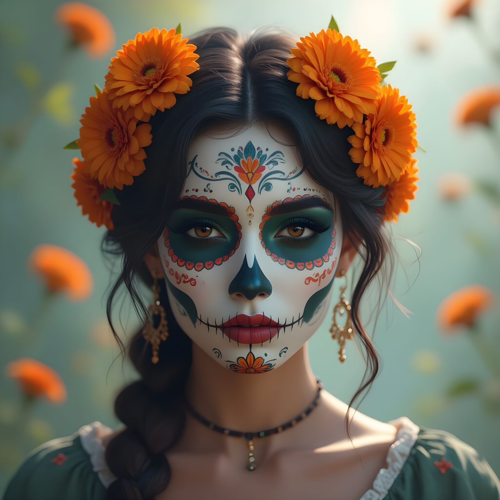 Woman with Sugar Skull Face Paint, Detailed Matte Painting