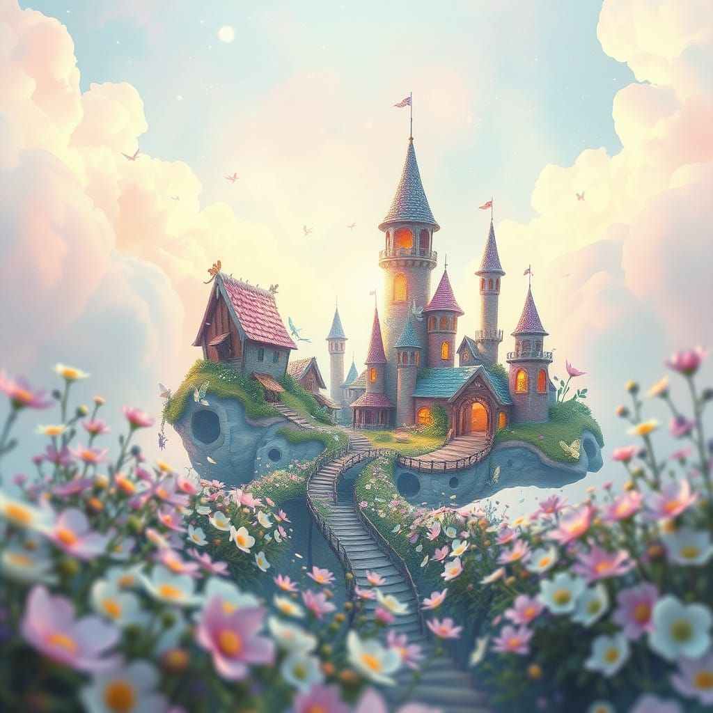Whimsical Fairy Village Floats in Pastel Paradise