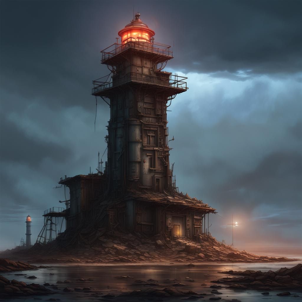 Dystopian Lighthouse in Post-Apocalyptic Landscape